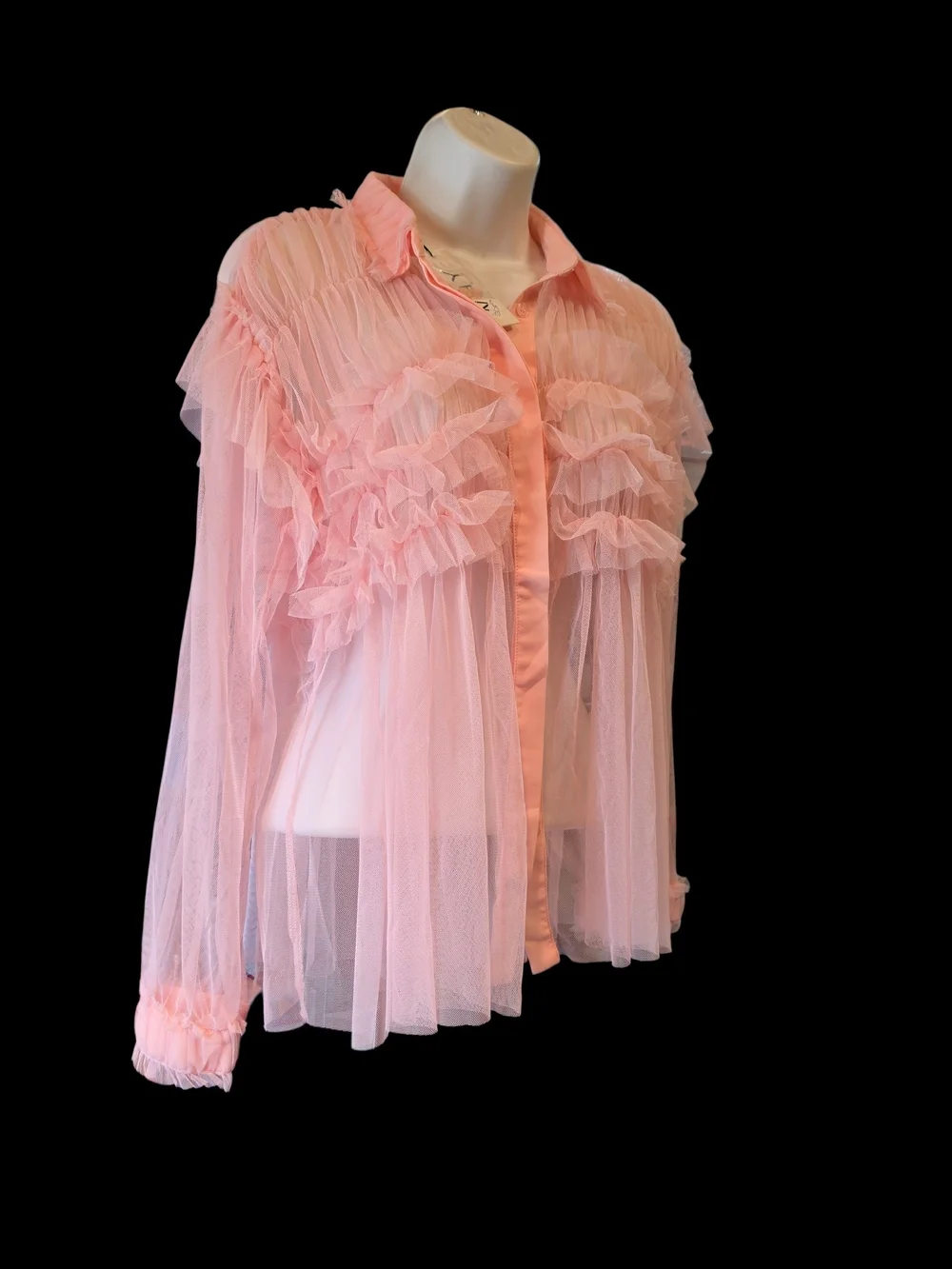 Why Sheer Pink Ruffle Button-Up Blouse - Picture 7 of 10